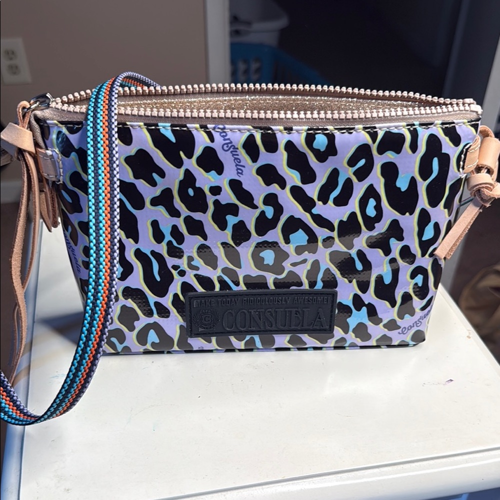Consuela Blue and Black Crossbody Bag with Leopard Print